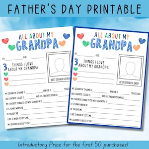 Todo sobre mi abuelo (imprimible), tarjeta del Día del Padre, página de actividades, cuestionario para el abuelo, actividad del Día del Padre