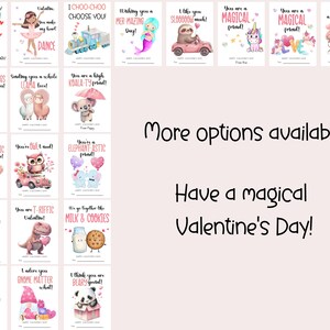 May include: A set of printable Valentine's Day cards featuring cute animal illustrations and fun messages. The cards are pink and white with a variety of animals, including a sloth, a unicorn, a cat, a dinosaur, a bear, a llama, a koala, a pug, an owl, an elephant, a mermaid, a gnome, and a panda. The text on the cards includes phrases like "You are totally rawr-some!" and "I choo-choo choose you!"