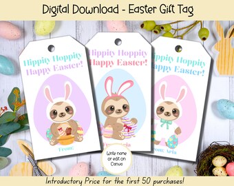 EDITABLE Easter Bunny Sloth Gift Tag, Easter Printables, Kids Easter Basket, Printable Easter Basket Tags,  Printable Treat Gift Tag