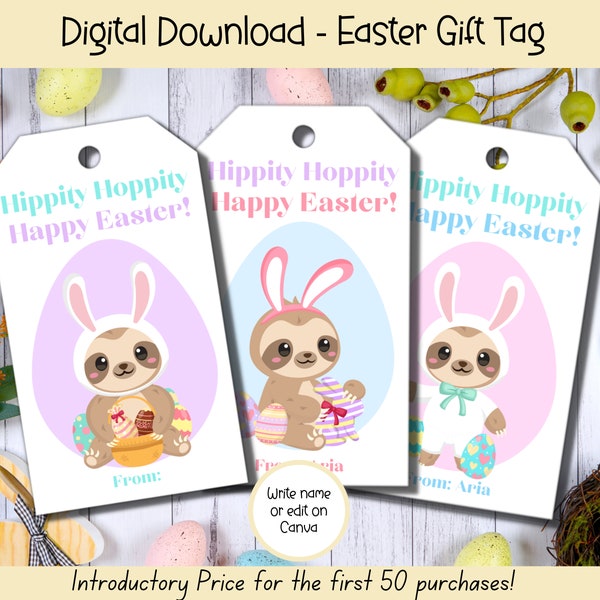 EDITABLE Easter Bunny Sloth Gift Tag, Easter Printables, Kids Easter Basket, Printable Easter Basket Tags,  Printable Treat Gift Tag