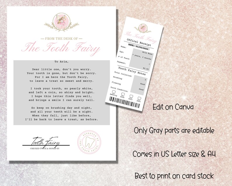 May include: A printable pink and white tooth fairy receipt template with a cute illustration of a tooth fairy. The template includes a space for the child's name, age, date, and tooth fairy notes. The text on the template reads "The Tooth Fairy Official Receipt".
