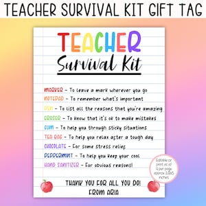 EDITABLE Teacher Survival Kit, First Day Of School Gift Tag, Back To School Gift Tag, Teacher Thank You Gift Tags, First Day Of School