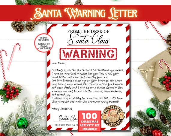 EDITABLE Santa Warning Letter, Letter from Santa, Naughty List Letter, Santa Letter, Santa Stationary, Official Santa Letterhead Stationary