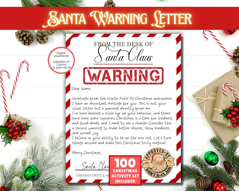 Lettre d'avertissement du père Noël MODIFIABLE, lettre du père Noël, lettre liste de coquins, lettre du père Noël, papier à en-tête du père Noël, papier à en-tête officiel du père Noël image 1