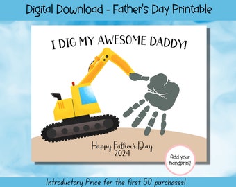 Father's Day Printable, Digger Construction Handprint Art, Fathers Day Gift, Fathers Day Handprint Art, Activity Page, Daddy Craft Activity