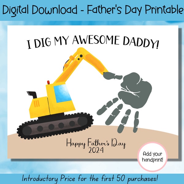 Father's Day Printable, Digger Construction Handprint Art, Fathers Day Gift, Fathers Day Handprint Art, Activity Page, Daddy Craft Activity