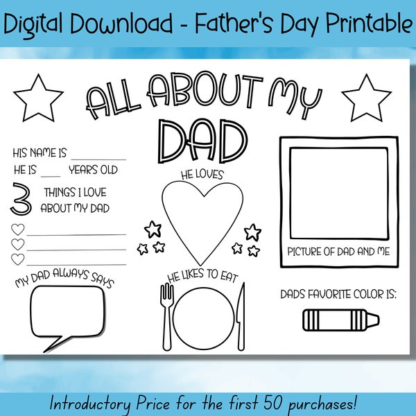 Father's Day Printable, All About My Dad, Fathers Day Gift, Card for Mom, Activity Page, Fathers Day Coloring In Page, Fathers Day Activity