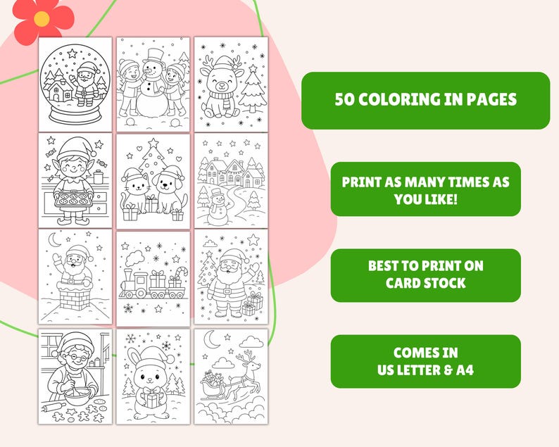 May include: A collection of 50 Christmas-themed coloring pages with various festive illustrations, including snow globes, snowmen, reindeer, elves, and Santa Claus. The text on the image says "50 COLORING IN PAGES", "PRINT AS MANY TIMES AS YOU LIKE!", "BEST TO PRINT ON CARD STOCK", and "COMES IN US LETTER & A4".
