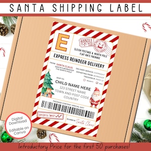 Etiqueta de envío de Papá Noel editable, etiquetas de entrega al Polo Norte, correo de Papá Noel, etiqueta oficial de entrega de Papá Noel, calcomanía del Polo Norte, paquete de regalo de Papá Noel