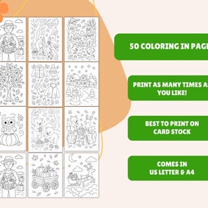 Pode incluir: Um conjunto de 50 p&aacute;ginas para colorir em preto e branco com ilustra&ccedil;&otilde;es com tema de outono, incluindo agricultores, animais e itens sazonais. O texto na imagem diz "50 COLORING IN PAGES", "PRINT AS MANY TIMES AS YOU LIKE!", "BEST TO PRINT ON CARD STOCK" e "COMES IN US LETTER & A4".