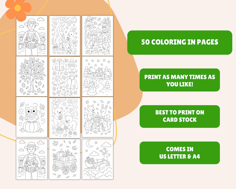 Pode incluir: Um conjunto de 50 p&aacute;ginas para colorir em preto e branco com ilustra&ccedil;&otilde;es com tema de outono, incluindo agricultores, animais e itens sazonais. O texto na imagem diz "50 COLORING IN PAGES", "PRINT AS MANY TIMES AS YOU LIKE!", "BEST TO PRINT ON CARD STOCK" e "COMES IN US LETTER & A4".