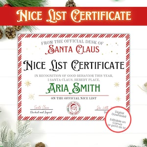 EDITABLE Nice List Certificate From Santa, Santa Nice List Certificate, Letter from Santa, Nice List Certificate Printable,  Elf Nice List