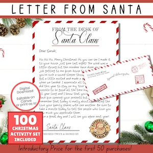 Carta de Papá Noel en la mañana de Navidad, papelería imprimible de Papá Noel, papelería oficial con membrete de Papá Noel, sobre oficial con sello de Papá Noel