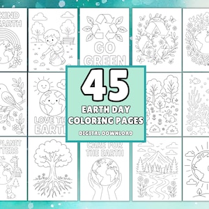 K&ouml;nnte beinhalten: Eine Sammlung von 45 Ausmalbildern zum Tag der Erde, digital zum Download verf&uuml;gbar. Jede Seite zeigt Strichzeichnungen mit Themen wie Recycling, Natur und Umweltschutz. Texte umfassen S&auml;tze wie "Sei lieb zur Erde" und "Liebe die Erde".