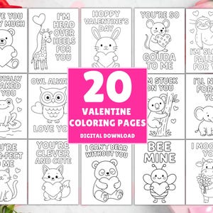 May include: A set of 20 Valentine's Day colouring pages. Each page features a cute animal holding a heart, with phrases like "I love you beary much" and "Bee Mine". Digital download.