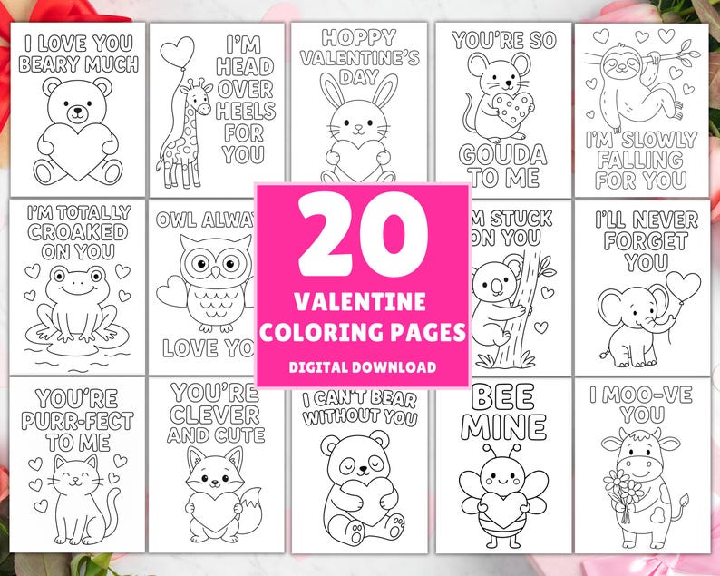 May include: A set of 20 Valentine's Day colouring pages. Each page features a cute animal holding a heart, with phrases like "I love you beary much" and "Bee Mine". Digital download.