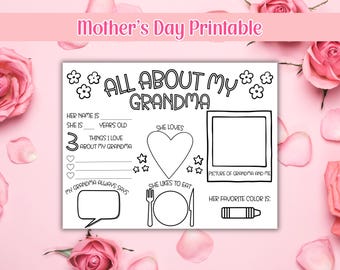 Imprimible para el Día de la Madre, Todo sobre mi abuela, Regalo para el Día de la Madre, Tarjeta para mamá, Página de actividades, Colorear para el Día de la Madre, Actividad para el Día de la Madre