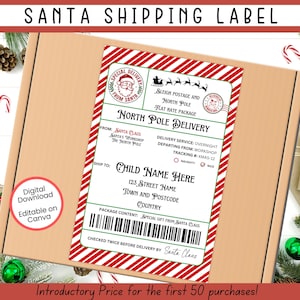 Modelo de etiqueta de envio EDITÁVEL para Papai Noel, etiquetas de entrega para o Pólo Norte, correspondência para o Papai Noel, entrega oficial do Papai Noel, adesivo para o Pólo Norte, caixa de véspera de Natal