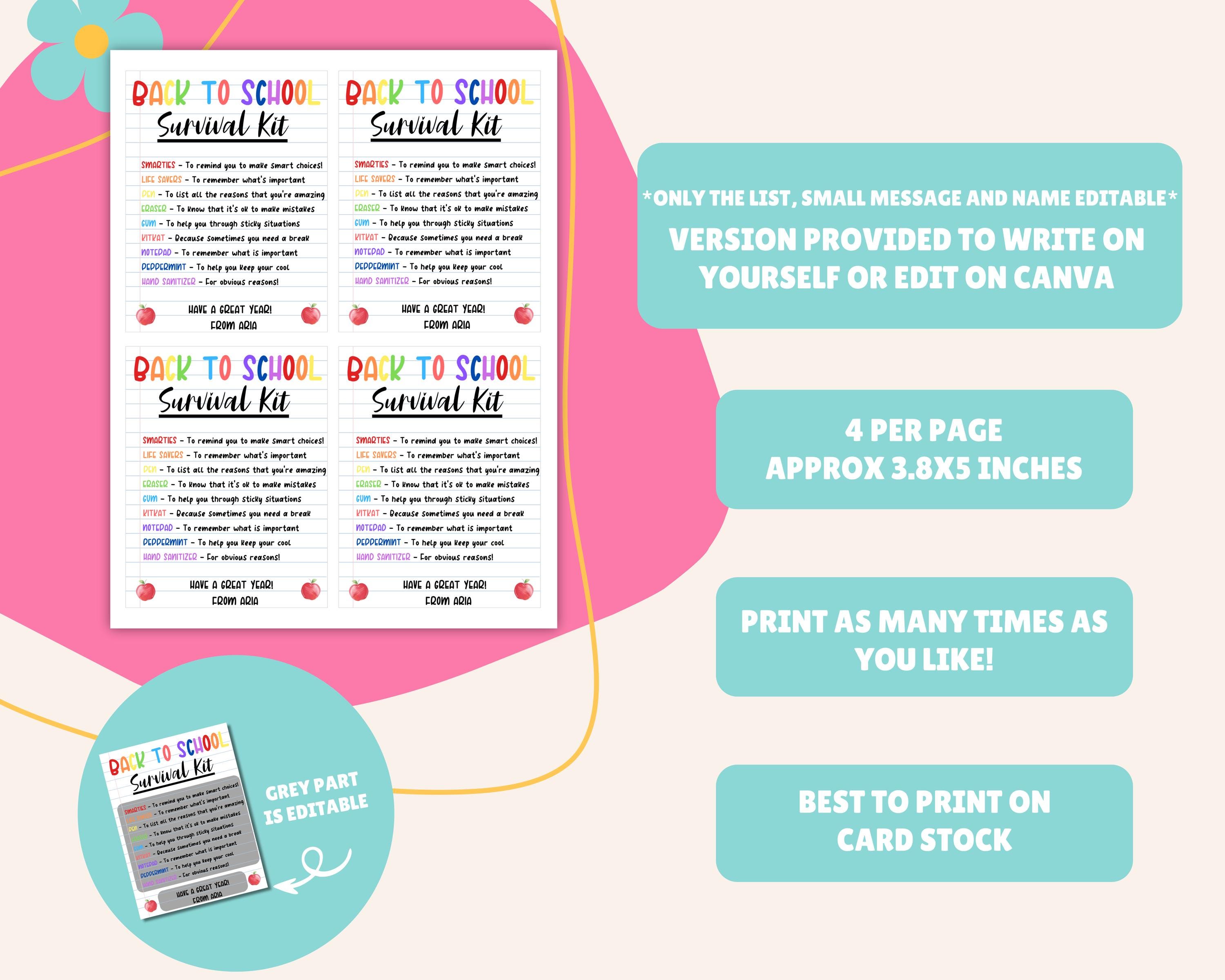 EDITABLE Back to School Survival Kit, First Day of School Gift Tag ...