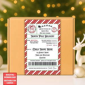 Plantilla de etiqueta de envío de Papá Noel editable, etiquetas de entrega al Polo Norte, correo de Papá Noel, entrega oficial de Papá Noel, calcomanía del Polo Norte, caja de Nochebuena