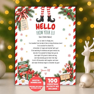 May include: A rectangular Christmas-themed letter with red and white striped borders, featuring elf legs at the top, pine branches, holly, and a gift. The text reads: Hello from your elf, Dear Child's Name, and includes a poem about Christmas magic.