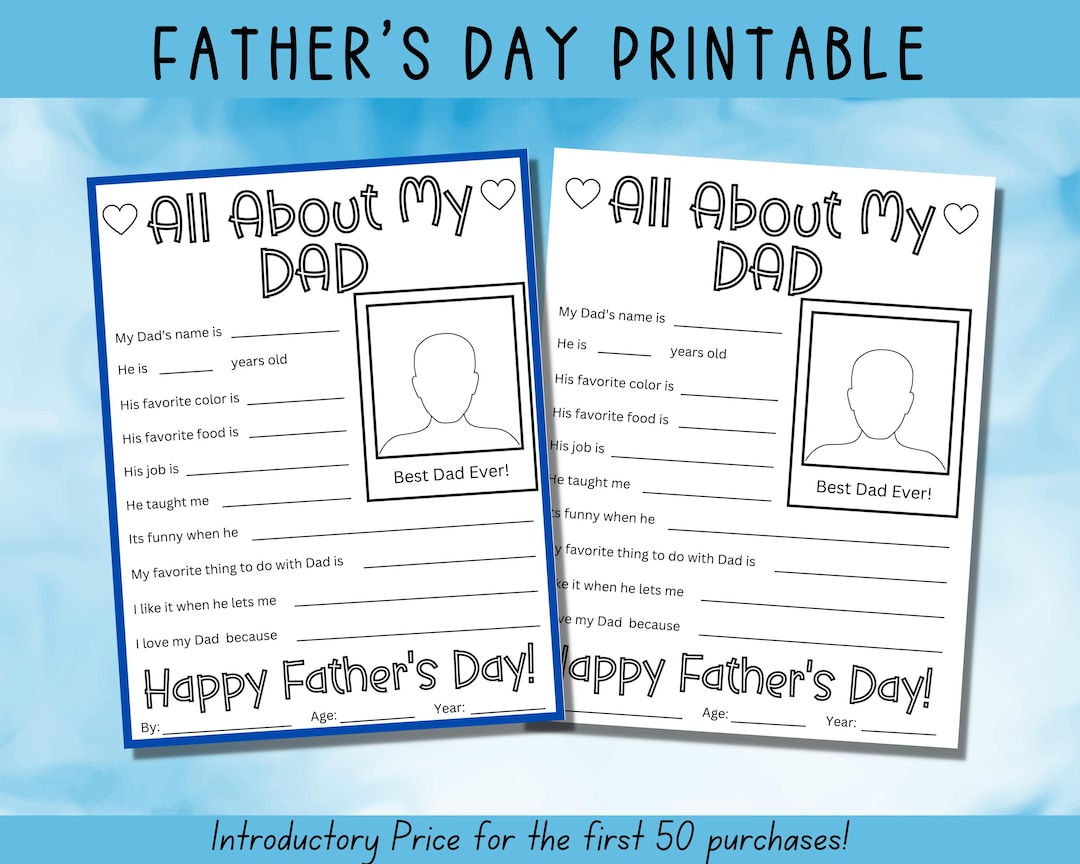 Father's Day Printable, All About My Dad, Fathers Day Gift, Card for ...