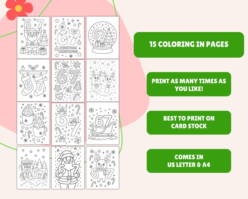 Pode incluir: Uma cole&ccedil;&atilde;o de 15 p&aacute;ginas para colorir com tema natalino, cada uma com o n&uacute;mero 67 e ilustra&ccedil;&otilde;es festivas como Papai Noel, renas e enfeites. O texto diz: "15 p&aacute;ginas para colorir", "Imprima quantas vezes quiser!", "Melhor para imprimir em papel cart&atilde;o" e "Vem em US Letter & A4".
