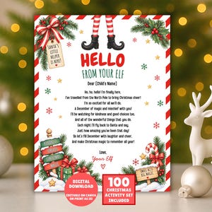 May include: A rectangular Christmas-themed letter with red and white striped borders, featuring elf legs at the top, pine branches, holly, and a gift. The text reads: Hello from your elf, Dear Child's Name, and includes a poem about Christmas magic.