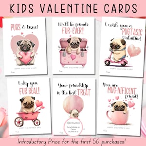 EDITABLE Printable Pug Valentine Cards, Classroom Valentines Day Cards, Kids Valentines, Dog Valentine, Valentine cards for kids classroom