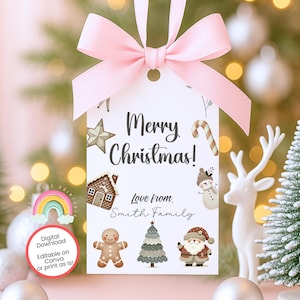 編集可能なボヘミアンクリスマスギフトタグ、ニュートラルクリスマス、サンタギフトタグ、クリスマスの先生への感謝ギフトタグ、クリスマススクールギフトタグ