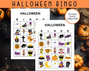 May include: Two printable Halloween bingo cards with a black and white background. Each card has a 5x5 grid with images of Halloween icons like ghosts, pumpkins, bats, witches, and candy corn. The text "HALLOWEEN BINGO" is at the top of the image. The text "50 Unique Cards & Calling Cards!" is in the top right corner of the image.