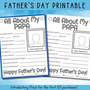 Fête des pères imprimable, Tout sur mon papa, cadeau fête des pères, carte pour papa, page d'activités, page à colorier pour la fête des pères, activité fête des pères
