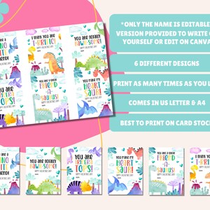 May include: Six printable Valentine's Day cards featuring different dinosaurs with cute sayings. The cards are designed in a watercolor style with a pink, blue, and green color scheme. The text on the cards includes: "You are a Dino Mite Friend!", "I think you are T-Rrific!", "You are totally Rawr-Some!", "You are Tricera Tops!", "You are a Green Friend - A- Saukus!", and "You make my Heart Saur!"