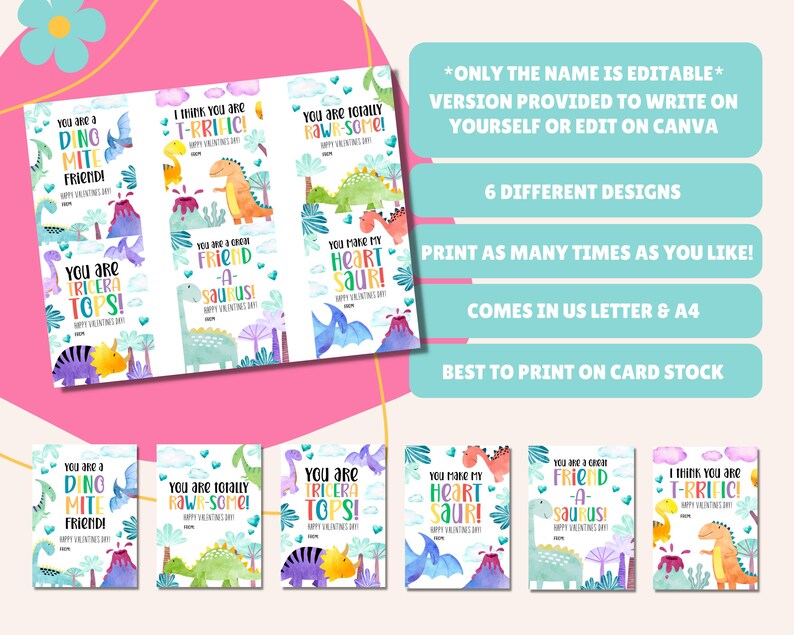 May include: Six printable Valentine's Day cards featuring different dinosaurs with cute sayings. The cards are designed in a watercolor style with a pink, blue, and green color scheme. The text on the cards includes: "You are a Dino Mite Friend!", "I think you are T-Rrific!", "You are totally Rawr-Some!", "You are Tricera Tops!", "You are a Green Friend - A- Saukus!", and "You make my Heart Saur!"