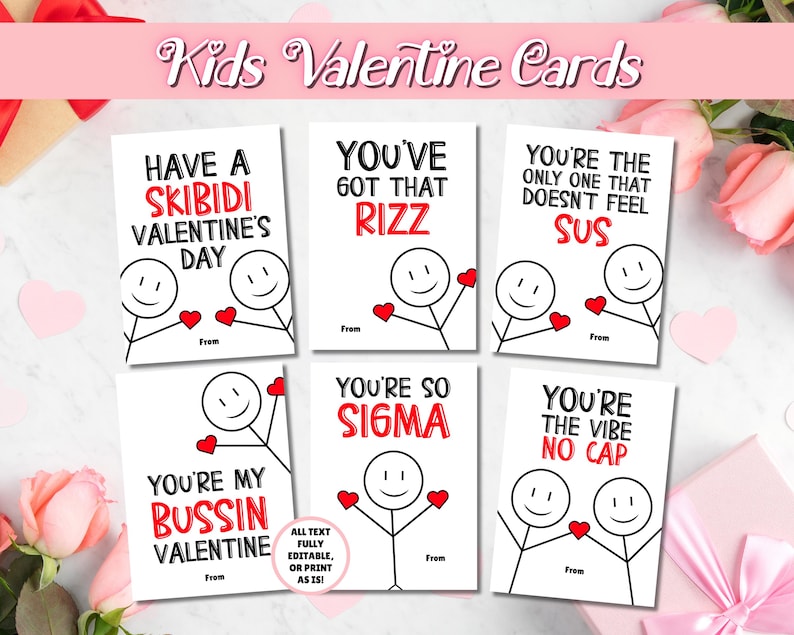 EDITABLE Slang Kids Valentine's Day Cards, Funny Classroom Valentine, Tween School Valentines, Valentine cards for kids, Gen Z, Gen Alpha image 1
