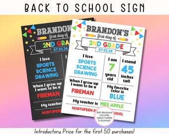 EDITABLE Chalkboard Back to School Sign, Printable School Sign, Editable School Signs, Editable School Signs, First Day Of School