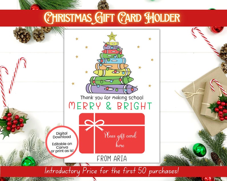 EDITABLE Printable Christmas Gift Card Holder, Teacher Christmas Card