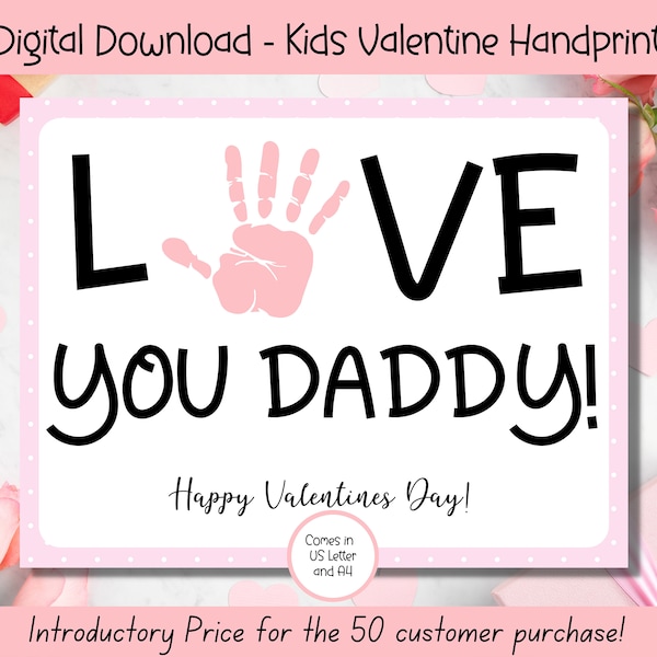 Printable Valentines Craft to Dad, Daddy Valentine's Cards, Kids Valentines, Instant Download Kids Valentines Day, Handprint Card for Dad