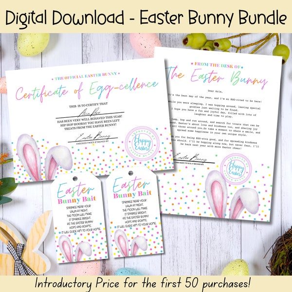 EDITABLE Easter Bunny Bundle, Colorful Easter Bait Tag, Easter Bunny Letter, Easter Bunny Certificate, Easter Gift Tag, Easter Printable