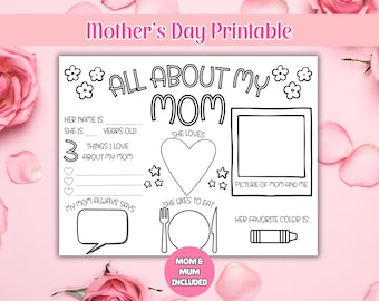 Mother's Day Printable, All About My Mom, Mothers Day Gift, Card for Mom, Activity Page, Mothers Day Coloring In Page, Mothers Day Activity