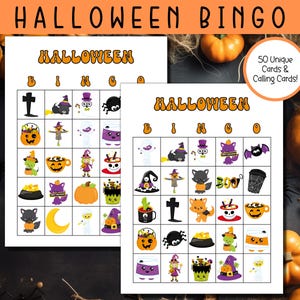 May include: Two printable Halloween bingo cards with a black and white background. The cards feature various Halloween icons such as a witch, a pumpkin, a ghost, a bat, a spider, a cauldron, a cat, a candy corn, a skull, a cross, a moon, a scarecrow, a cup of hot chocolate, and the word "BOO". The text "HALLOWEEN BINGO" is at the top of each card. The text "50 Unique Cards & Calling Cards!" is in the top right corner of the image.