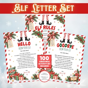 Könnte beinhalten: Ein Elfen-Briefset bestehend aus drei bedruckten Karten mit rot-grünen Weihnachtsgrafiken, darunter Elfenbeine, Tannenzweige und Geschenkboxen. Der Text enthält "Elf Letter Set", "Elf Rules", "Hello From Your Elf" und "Goodbye From Your Elf".