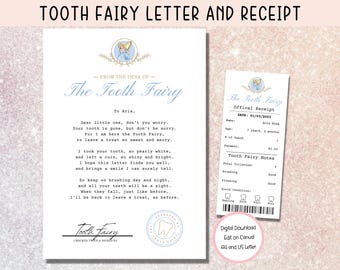 EDITABLE Tooth Fairy Letter, Tooth Fairy Receipt, Tooth Fairy Note, First Tooth Certificate, Letter from Tooth Fairy, Fairy Certificate