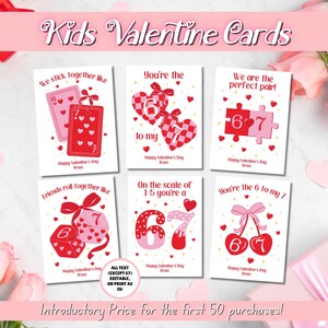 May include: A set of six Valentine's Day cards for kids with playful designs. Each card features a red and pink color scheme with phrases like "We stick together like" and "You're the 6 to my 7." The cards have hearts and other Valentine's Day themed graphics.