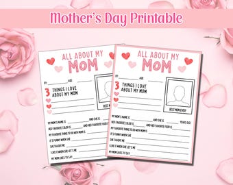 Mother's Day Printable, All About My Mom, Mothers Day Gift, Card for Mom, Activity Page, Mothers Day Coloring In Page, Mothers Day Activity