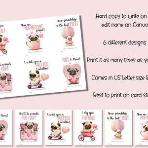 EDITABLE Printable Pug Valentine Cards, Classroom Valentines Day Cards ...