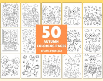 May include: A collection of 15 black and white autumn-themed coloring pages. The pages feature various fall scenes, including animals, pumpkins, and seasonal activities. The center of the image has the text "50 Autumn Coloring Pages Digital Download."