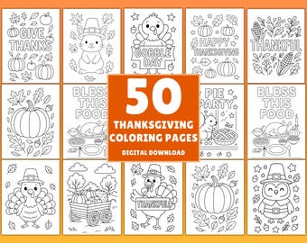 Puede incluir: Un conjunto de 50 páginas para colorear de Acción de Gracias. Cada página presenta ilustraciones lineales de calabazas, pavos y frases festivas como "Give Thanks". Descarga digital.