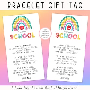 Etiqueta de regalo editable para pulsera del primer día de clases, etiqueta de regalo para la vuelta al cole, regalo de pulseras a juego, etiqueta de regalo para pulseras de la amistad