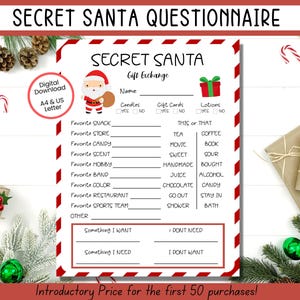 Cuestionario del Amigo Invisible, Intercambio de regalos del Amigo Invisible para compañeros de trabajo, Formulario imprimible del Amigo Invisible, Lista de deseos del Amigo Invisible